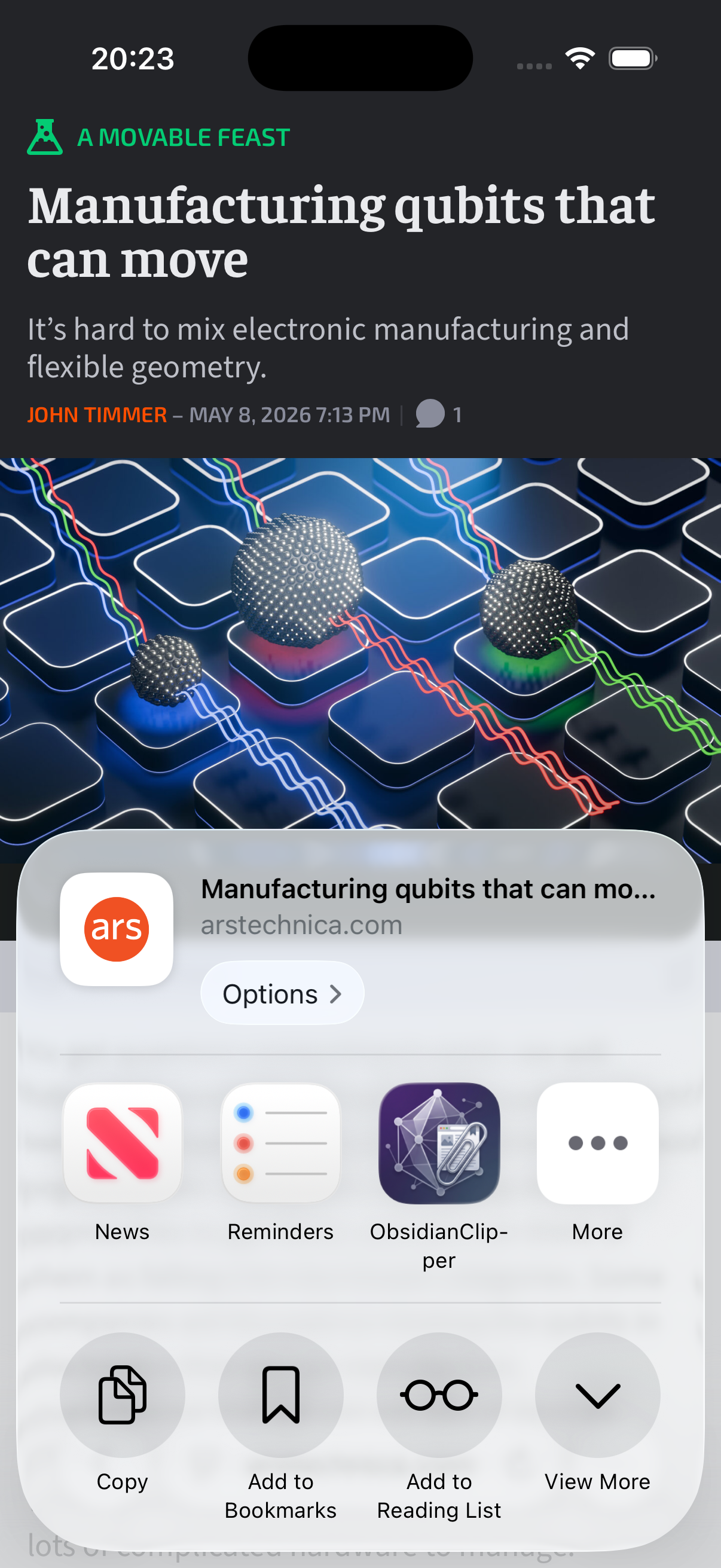 iOS Share Sheet showing Obsidian Clipper as a share destination