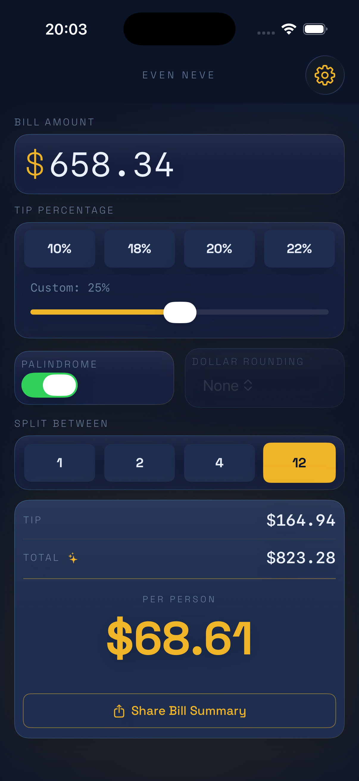 Dark mode — 12-way bill split with palindrome