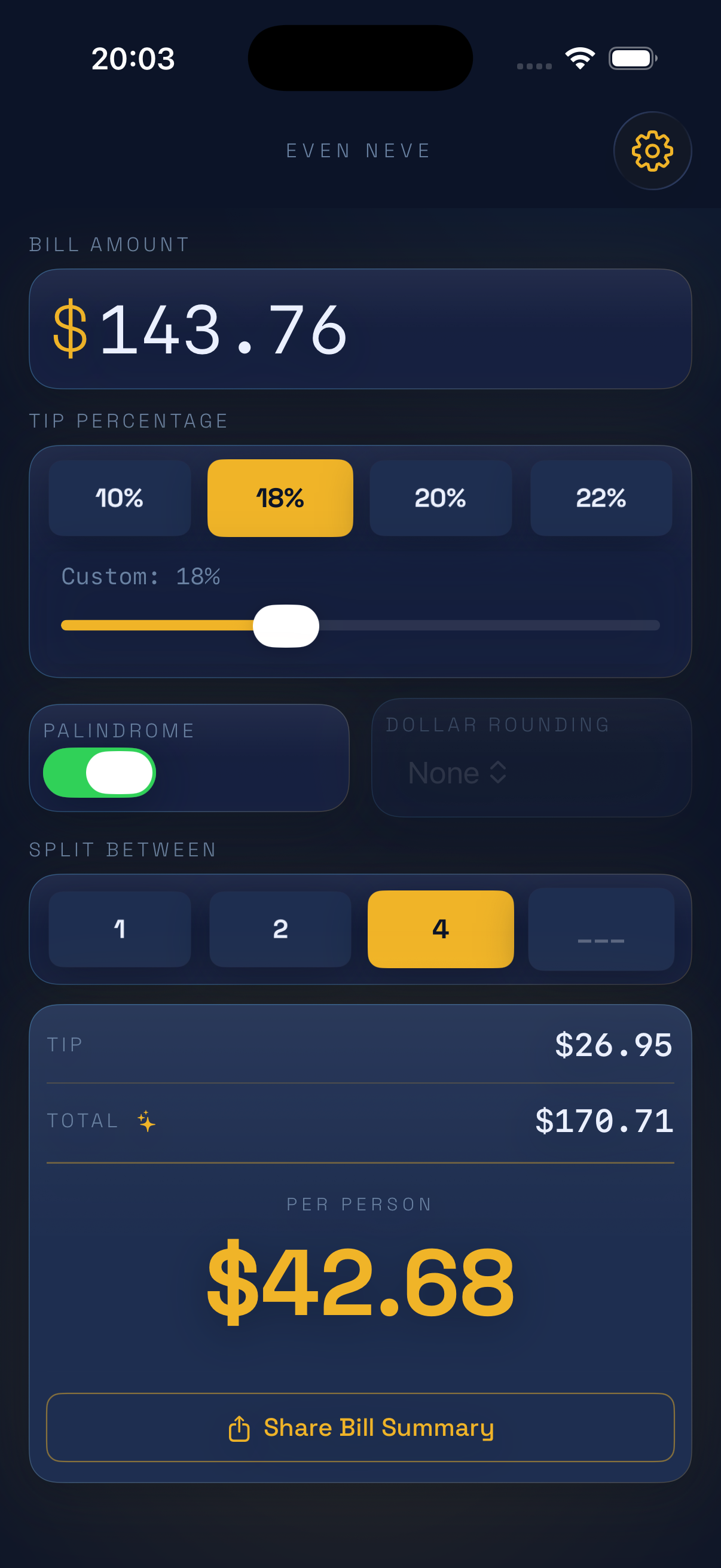 Dark mode — bill split 4 ways