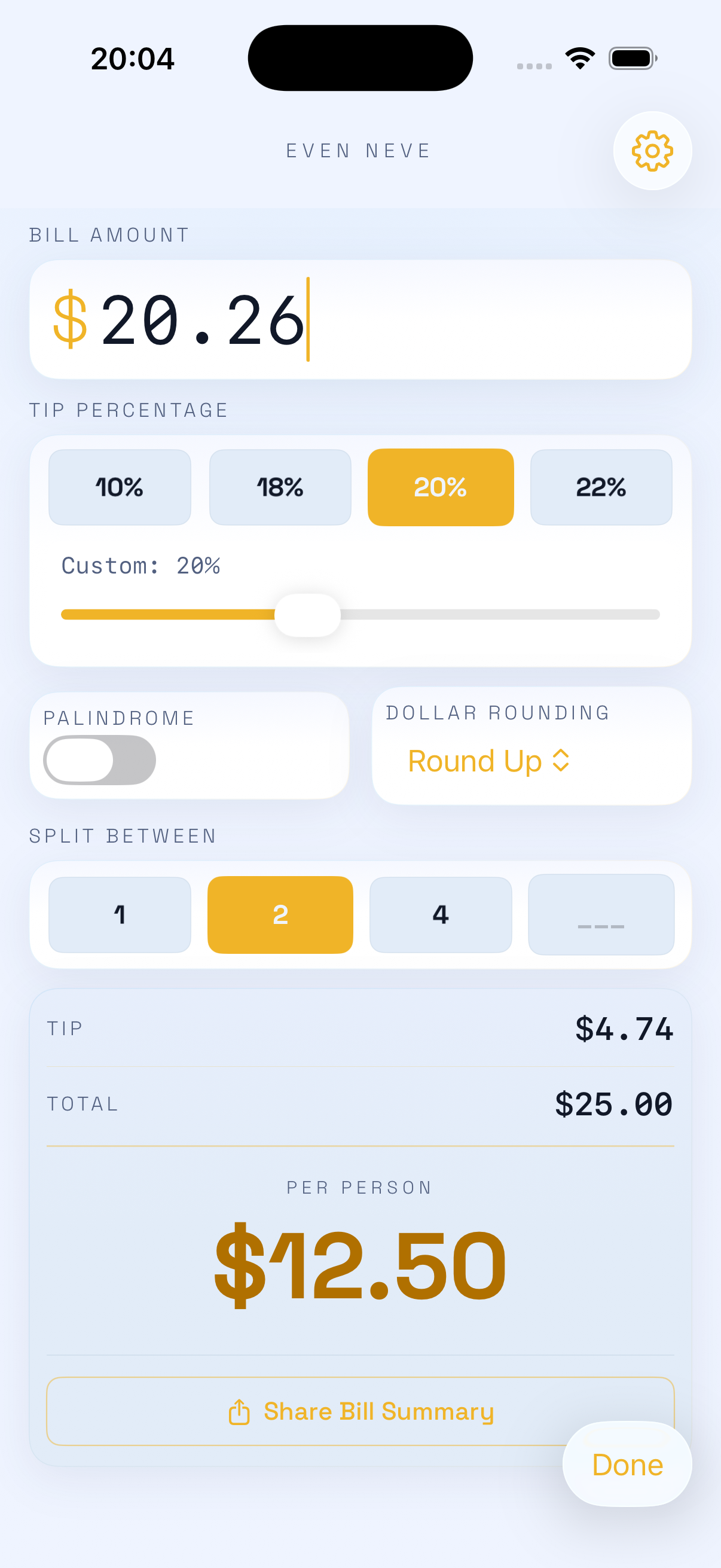 Light mode — split 2 ways with dollar rounding