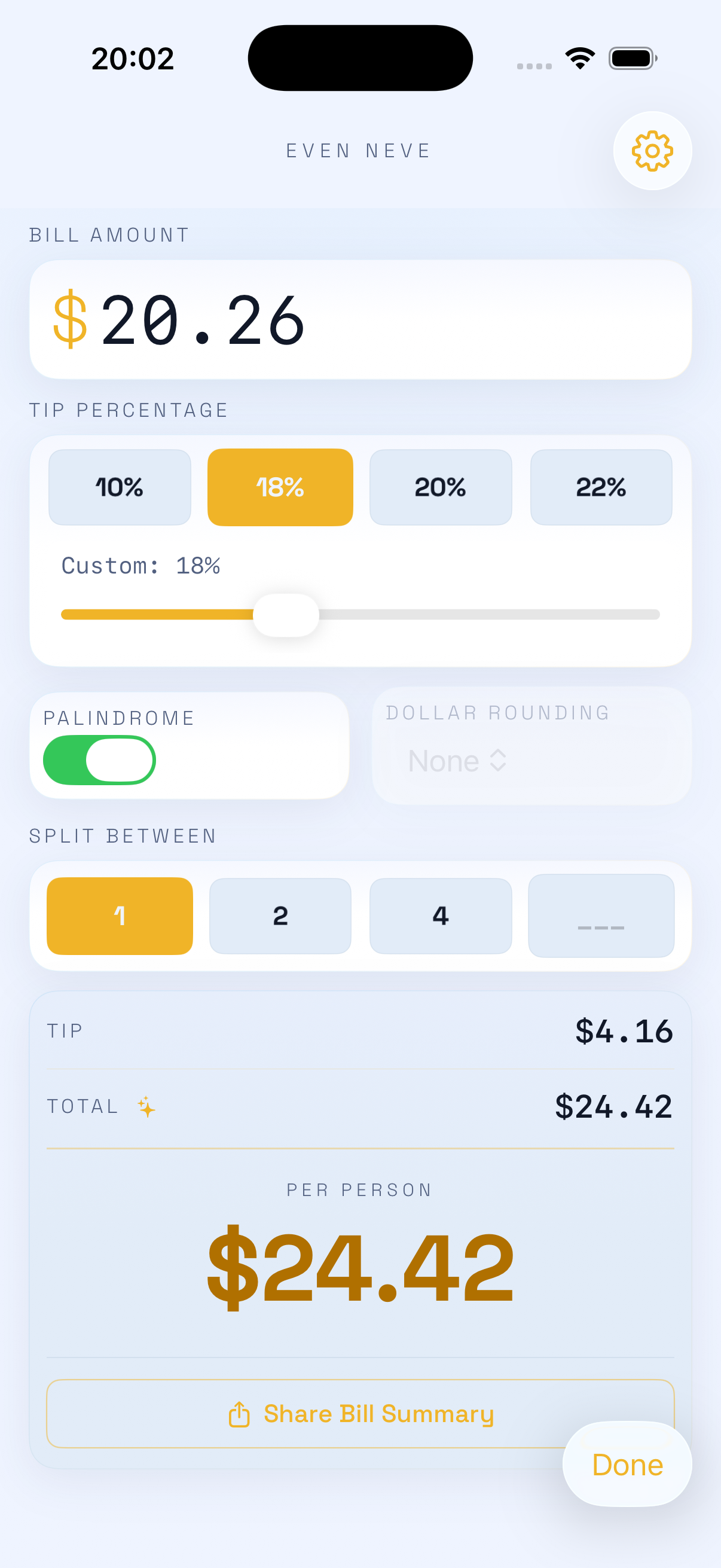 Light mode — basic tip calculation with palindrome